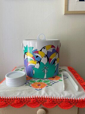 Vintage Toucan Ice Bucket with Coaster & Tongs